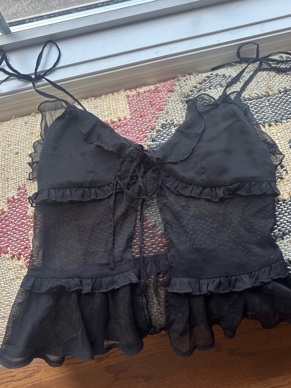 White Fox Boutique Black Sheer Ruffle Tie-Front Cami